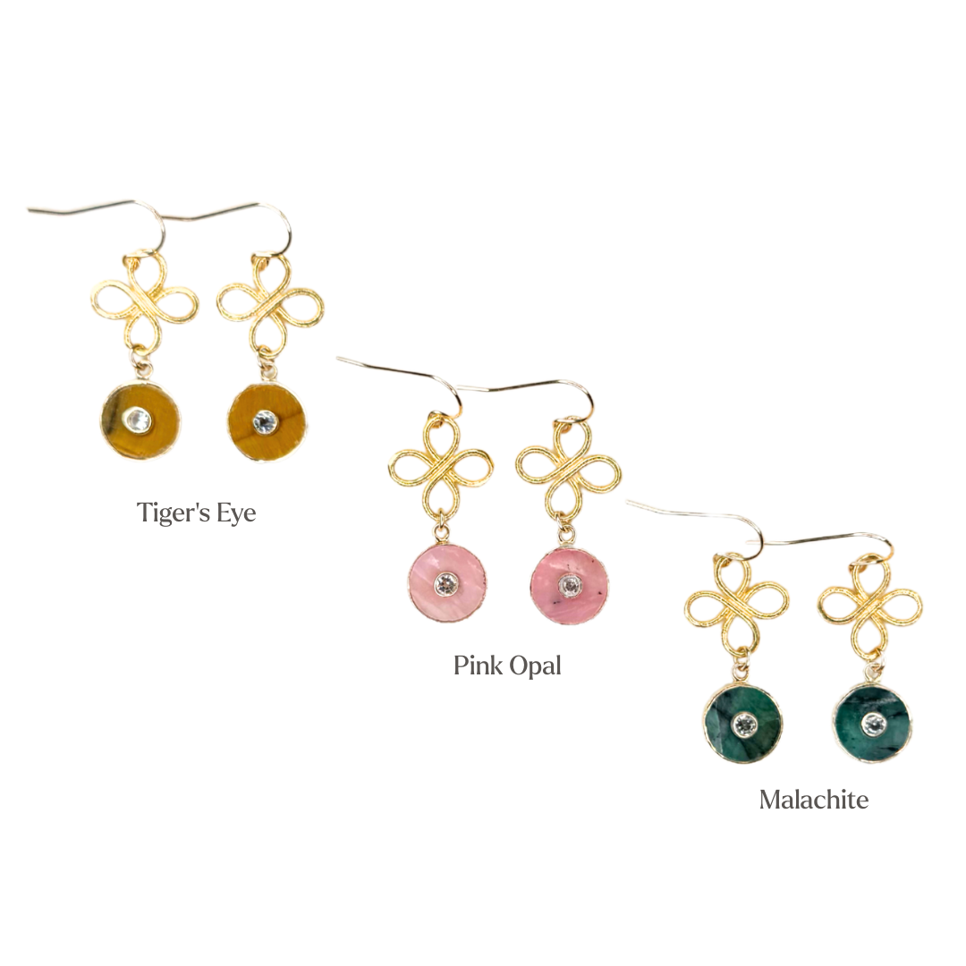 The Odette Earrings: Tigers Eye, Pink Opal or Malachite